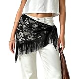 Women Y2K Tassel Tie Waist Belt Floral Lace Fringe Hip Scarf Boho Sheer Mesh Wrap Cover Up Festival Rave Waist Belt (Black, One Size)