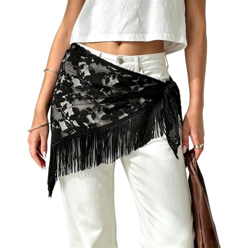 Women Y2K Tassel Tie Waist Belt Floral Lace Fringe Hip Scarf Boho Sheer Mesh Wrap Cover Up Festival Rave Waist Belt (Black, One Size)