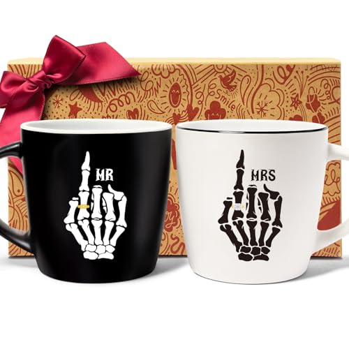 Mr and Mrs Skeleton Hand Coffee Mugs Set of 2 for couples, Skull Weddings Engagement Mug Gifts for mr and mrs, Couples, wedding Registry mugs gifts for Her Him, Newlyweds, Bride & Groom mug-34