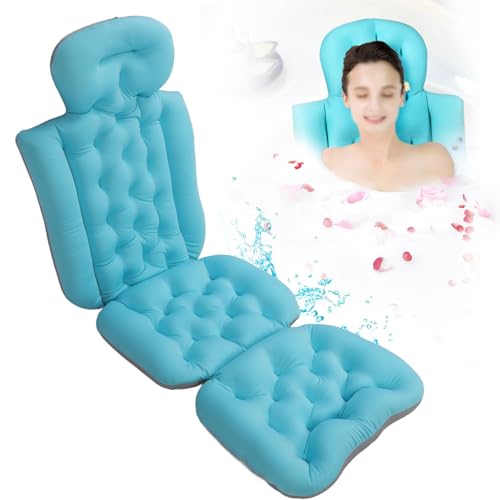Ejoyous Oreiller de Baignoire Corps Entier, Tapis de Baignoire avec Oreiller Tapis à Bulles Oreiller de Baignoire Cou avec Ventouses Fortes Antidérapant Amovible Lavable (Blue)