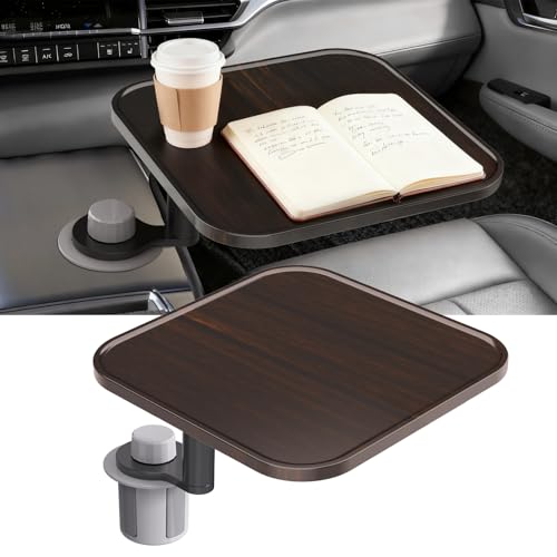 360° Rotation Car Desk for Laptop, Height-Adjustable Cup Holder Table, Wooden Car Food Tray & Laptop Mount Compatible with Tesla Model Y/3/S, Ford F150/Explorer/Maverick & Most Vehicles (Dark Walnut)