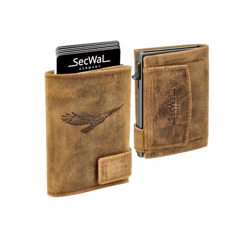 SecWal Kartenetui Prägung Adler mit Münzfach Druckknopf inkl. Geschenkbox - Echtleder Mini Geldbörse für Damen und Herren - RFID Schutz Portemonnaie Leder - Geldbeutel Motiv Prägung Adler