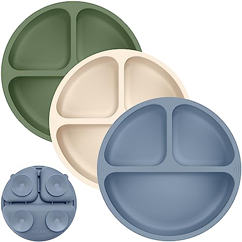 Image of KeaBabies 3-Pack Suction Plates for Baby, Toddler - 100% Silicone Toddler Plates, Divided Baby Plates with Suction, Silicone Plates for Baby, Kids, BPA-Free, Microwave, Dishwasher Safe (Slate)