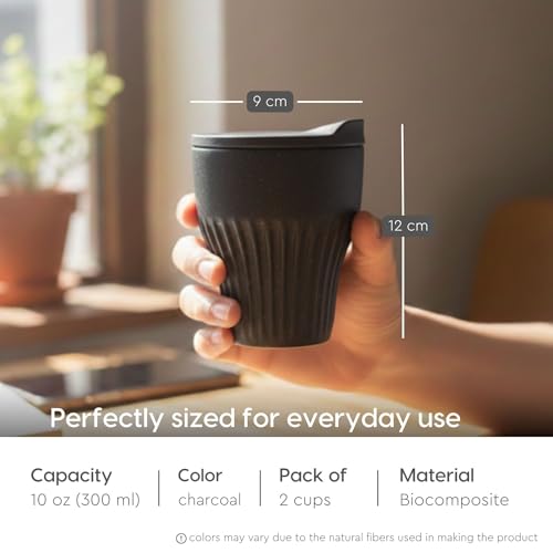 Image of Eha Earth Friendly Rafter Coffee Mug with Lid | Tea Cup Set | 300 ml | Made with Rice Husk | Microwave Safe Mugs for Gifting | 2 Unit | Charcoal
