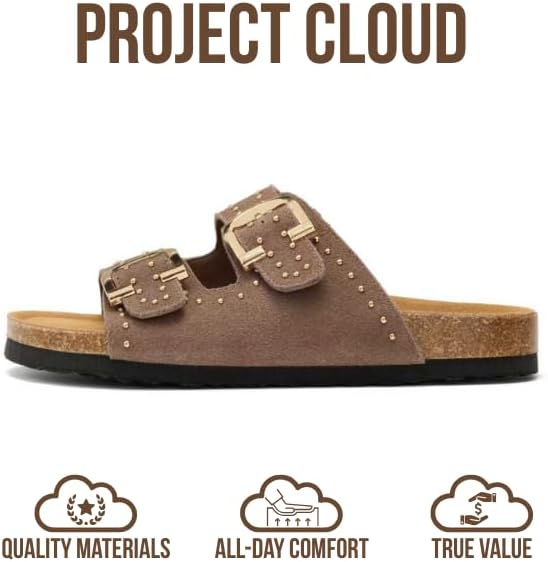 Project Cloud 100% Genuine Leather Flat Sandals For Women 2026 Cork Footbed Womens Sandals with Memory Foam and arch support Vacation Essentials Slides for Women Footwear (Venita) thumbnail