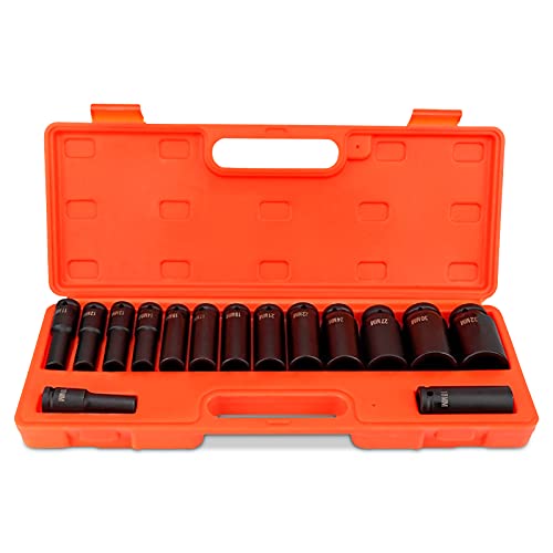 Jeu de 15 Douilles à Percussion 1/2, 10-32 mm, Six Pans Creux, Métriques avec Emmanchement 1/2