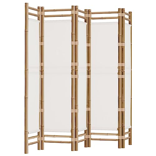 vidaXL Cloison de Séparation Pliante 5 Panneaux, Séparateur de Pièce, Paravent de Salon Balcon Jardin Intérieur, 200 cm Bambou et Toile Blanc Crème