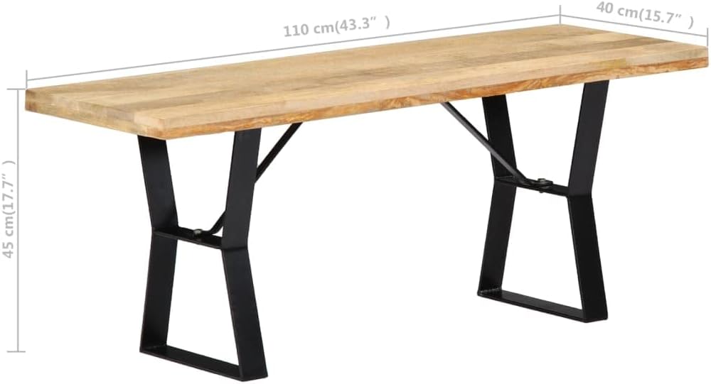 vidaXL Industrial-Style Bench, Solid Mango Wood, Powder-Coated Iron Frame, Polished & Lacquered Finish, Kitchen/Dining Room Furniture, Brown, 43.3" x 15.7" x 17.7"