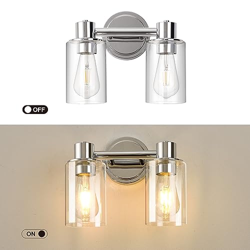 Image of 2 Light Bathroom Wall Sconce Light Fixtures with Clear Glass Bathroom Wall Lights Over Mirror Vanity Lights Chrome with E26 Base