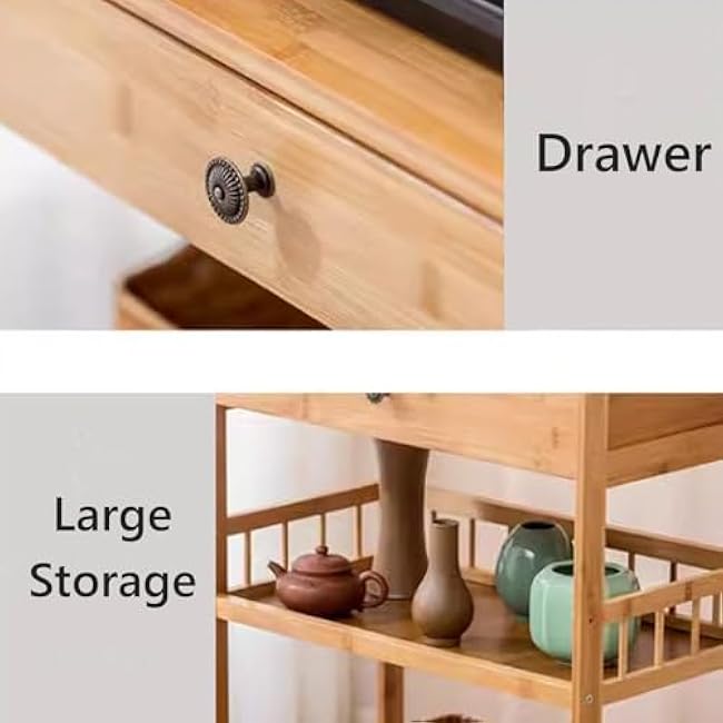 Kitchen Carts on Wheels with Drawers and Guardrails, Made of Bamboo Polished Smooth, 3 Tier Rolling Cart, for Kitchen, Dining Room, Living Room(Brown)-OFo2b6Hp