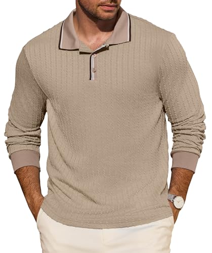 Rela Bota Men’s Knitted Polo Shirts Long Sleeve Casual Textured Pullover Fashion Vintage Golf Button T Shirts Beige