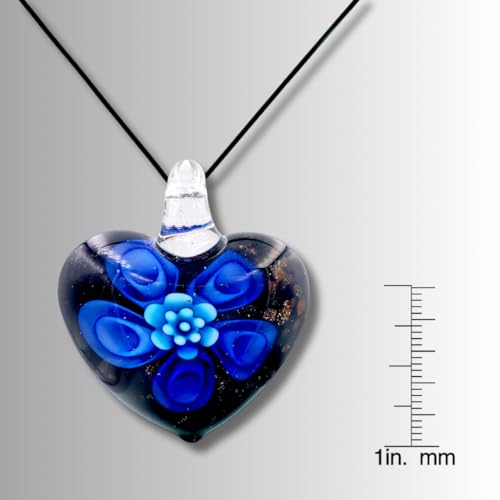Besheek PEN5549 Handmade Murano Inspired Blown Glass Lampwork Art Flower And Heart Necklace Pendant thumb #2