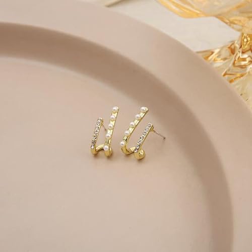 Miniatura 6 de Pendientes brillantes en forma de U Pendientes vintage de doble capa de perlas Pendientes de metal de diamante