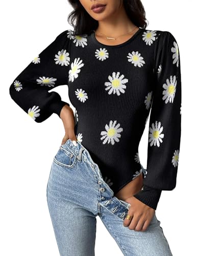 Image of Zeagoo Womens Sweaters Long Sleeve Bodysuits 2026 Fall Crewneck Puff Knit Pullover Tops