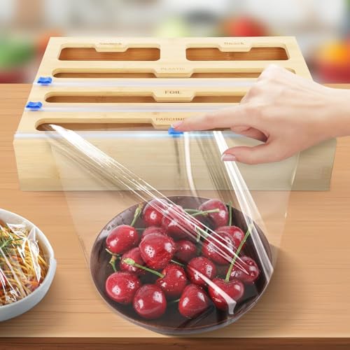 Dispensador y cortador de film transparente, dispensador de papel de aluminio de bambú para cajón de cocina, organizador 5 en 1, almacenamiento para películas adhesivas y papel de aluminio, 40 cm