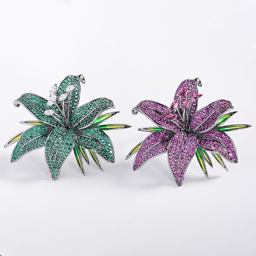 Image of Lily Flower Wedding Statement Brooch Art CZ Lapel Pin Austrian Crystal Leaf Bouquet Clusters Brooches Elegant Dress Suit Sweater Accessories for Women Ladies Party Prom Xmas Jewelry Gift