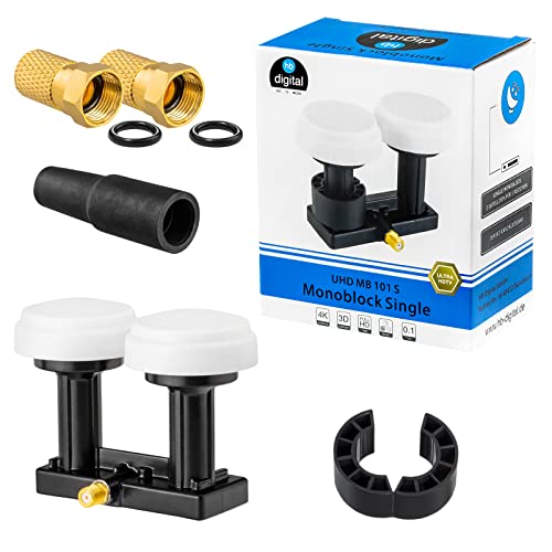 HB-DIGITAL - hb-digital UHD Monobloc Single LNB LNC 1 participant direct – 2 satellites Astra 19,2 Hotbird 13 Full HD TV 3D Ultra UHD 4K Noir + 2 fiches F 8,2 mm plaquées or + 1 douille en caoutchouc
