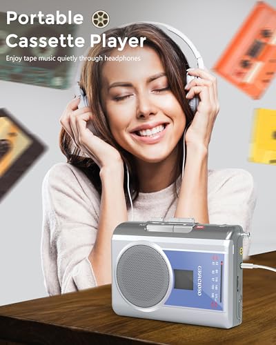 Image of Gracioso Protable Cassette Player: AM FM Compact Cassette Tape Player with 3.5mm Headphone,Big Speaker & Earphone Jack, Build in Microphone,Cassette Recorder Player Powered by DC or AA Battery