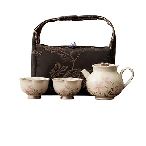 Movni 草木灰小雛菊陶器工芸茶道具 家庭用屋外持ち運び便利 一壺二杯収納セット 新中式スタイル 鮮やか可愛らしく 2人用