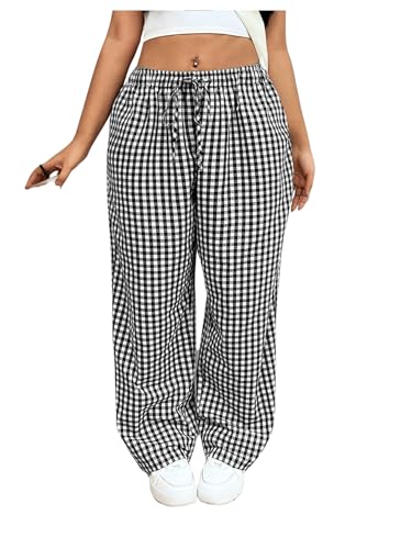 Floerns Women's Plus Size Drawstring Waist Gingham Plaid Baggy Wide Leg Pants