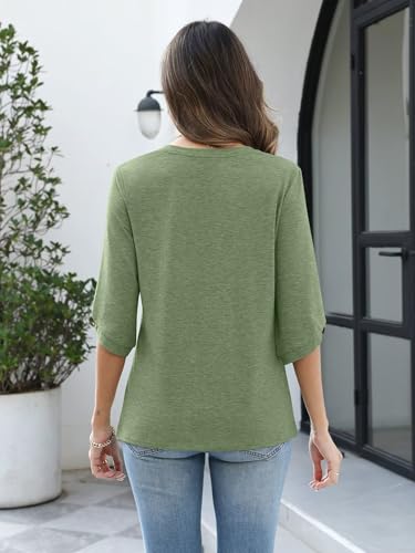 Image of TICTICMIMI Womens Tops 3 /4 Length Sleeve V Neck Casual Trendy Button Tunic Tops Summer Basic T-Shirts Loose Fit Pullover