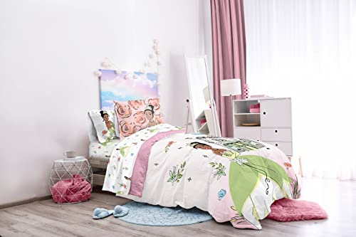 Image of Disney Princess Tiana Twin Comforter Set 5 Piece Kids Bedding, Pink | Bed in a Bag, Comforter Sheets Sham Pillowcase, Soft Microfiber, Machine Washable, Girls Gift