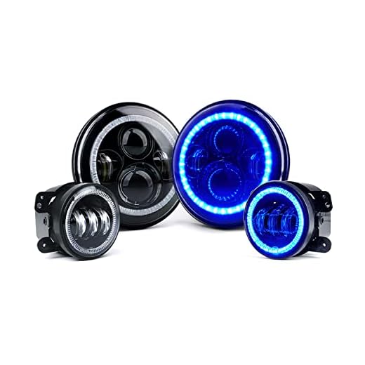 Xprite 7 inch 90W LED Headlights & 4 inch 60W Fog Lights Combo w/Blue Halo Compatible with 2007-2018 Jeep Wrangler JK
