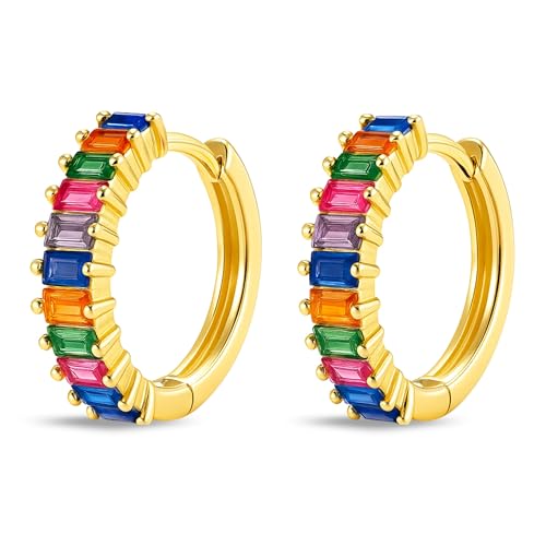 GOLDENCAT Pendientes Magic Dorados, Pendientes Aro Circonitas, Aros Pequeños con Piedras, Argollas Zircon, Aretes, Diámetro aro 15 mm, Grosor del aro 2 mm, Plata de Ley 925 Baño Oro, Zircon Color