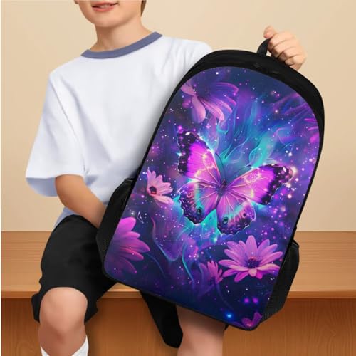Purple Butterfly Girl Backpack and Lunch Box Set 17 Inch Large Capacity Easy Clean Lightweight Children Kids Water Bottle Stainless Steel Kids Water Bottle Holder for Backpack 4 Piece2
