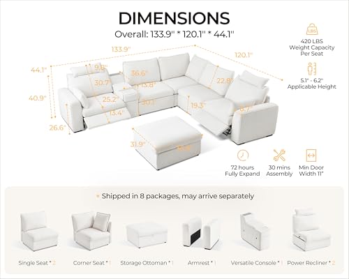 Image of Oversized Modular Power Recliner Sofa Wall Hugger, Cloud Reclining Couch with Headrest, Storage Ottoman, Drawer Charging Cup Holder, Deep L-Shaped 6 Seater with Dual Electric Recliner, Chenille, White
