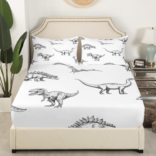 richhome Juego de ropa de cama para niños, tamaño doble, con diseño de dinosaurio de selva, juego de sábanas ligeras para niños y niñas, color blanco y negro, decoración de dormitorio (sin sábana