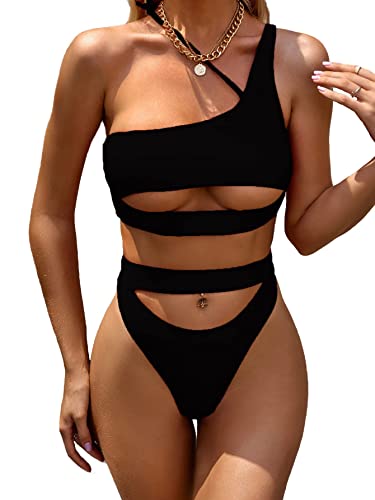 Lilosy Cutout One Shoulder High Waisted Cut Leg Thong Brazilian Bikini Swimsuit Set Women Cheeky Bottom Bathing Suit 2 Two Piece Knotted Black 2# Medium #TOP1