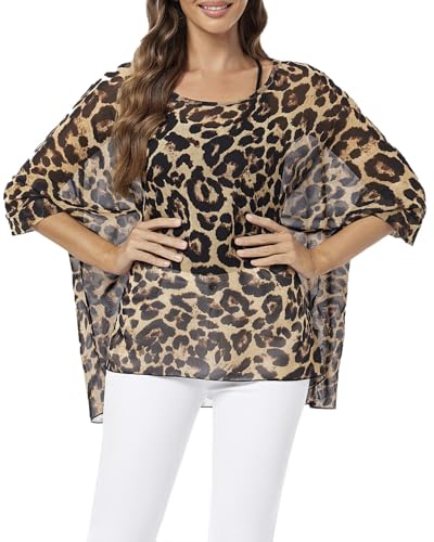Rokou Women Chiffon Blouse Floral Batwing Sleeve Beach Cover Loose Tunic Shirt Tops3