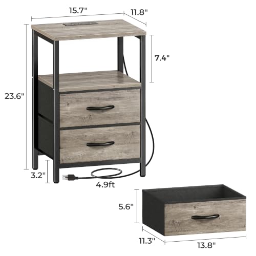 Image of Huuger Nightstand with Charging Station, Side Table with Fabric Drawers | End Table with Open Shelf, Bedside Table with USB Ports and Outlets, Night Stand for Bedroom, Oak
