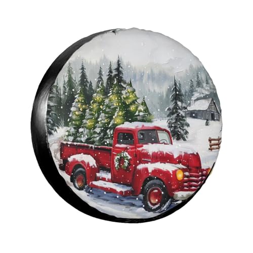 Image of Farm Christmas Red Truck Spare Tire Cover for Rv Trailer Camper- Cute Xmas Winter Waterproof Wheel Protectors Cover Universal Fit for Truck SUV Travel New Year Outdoor-15 inch