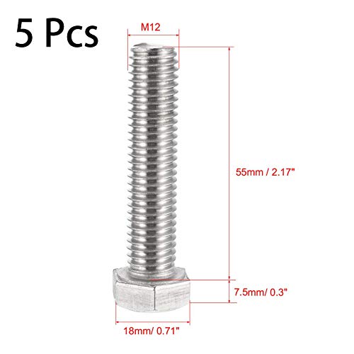 Image of 5 Pcs M12 Hex Bolt M12-1.75 x 55mm UNC Hex Head Screw Bolts A2-70(304) Stainless Steel Fully Threaded Hex Tap Bolts,Plain Finish,Fully Threaded (M12 x 55mm)