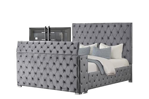 Bedframe with TV Lift in Footboard and Fireplace - Velvet Upholstered Sleigh Bed with Button Tufted and Silver Block Legs, Luxury Bed Frame for Bedroom, Box Spring Not Required (Grey, Queen)