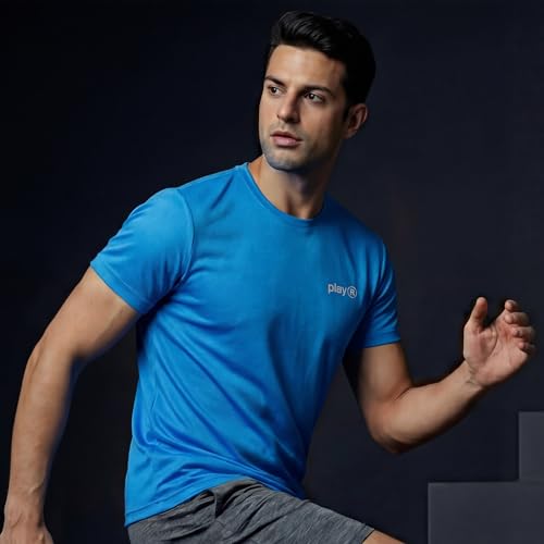 Image of playR Men's Polyester Adult Training Tee - Round Neck Half Sleeve Regular Fit DRIVENT, Lightweight Breathable Activewear for Gym Running Workout Yoga All Season