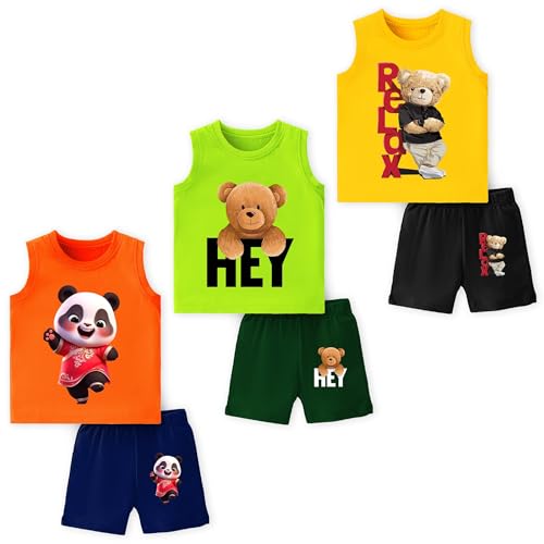 Image of TS LAVI TAVI Baby Cotton Clothing Set | Sleeveless T-Shirt & Shorts Combo | Summer Wear for Boys & Girls | Soft Breathable Fabric | Multicolor Pack of 3