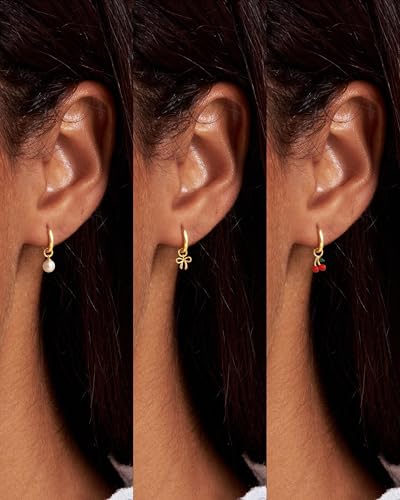 Freekiss Gold Hoop Earrings and Charm Set for Women Trendy: 14K Gold Plated Small Huggie Hoop Earrings Interchangeable Dangle Charm Set Hypoallergenic Cute Earrings Jewelry Pearl Bow Cherry Charms2