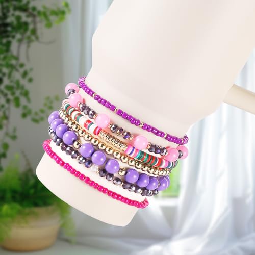 7pcs Bracelets for Stanley Cup, Different Design Bracelet Stack Delicate Beads Charm Bracelet Decoration, Accessories for Tumbler 40oz 30oz & 3in Diameter Cups (Purple)4