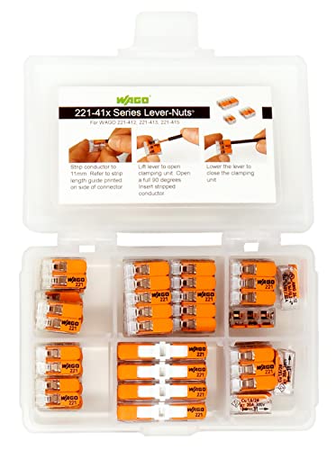 Wago 221 Lever Nuts 35Pc Compact Splicing Wire Connector Assortment With Case. Includes (10X) 221-2401, (10X) 221-412, (10X) 221-413, (5X) 221-415 #TOP2