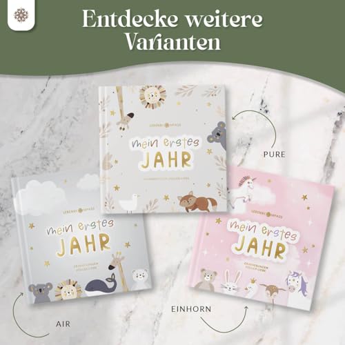 Lebenskompass Babyalbum Mein erstes Jahr \Air\ mit über 75 Stickern & Spruchkarte EXTRA - Ein Baby Buch zum Eintragen - Das Babytagebuch & Erinnerungsbuch für Mädchen & Jungen (Einhorn)