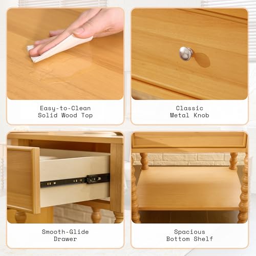 Image of AMERLIFE 24 inch Wood Nightstand, Vintage Bedside Table for Bedroom, Solid Wood Night Stand with Turned Legs, End Table with Drawer & Open Shelf, Large /Tall Nightstand, Natural Finish