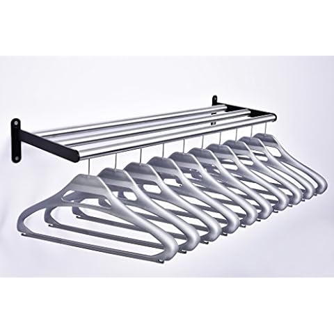 Wall Mounted Office Coat Rail with 10 Silver-Grey Coat Hangers Cover