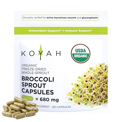 KOYAH Organic Broccoli Sprout Capsules – Freeze-Dried Whole Broccoli Sprouts – 3rd Party Tested for Active Myrosinase & Glucoraphanin (Sulforaphane Glucosinolate) - 60 Capsules
