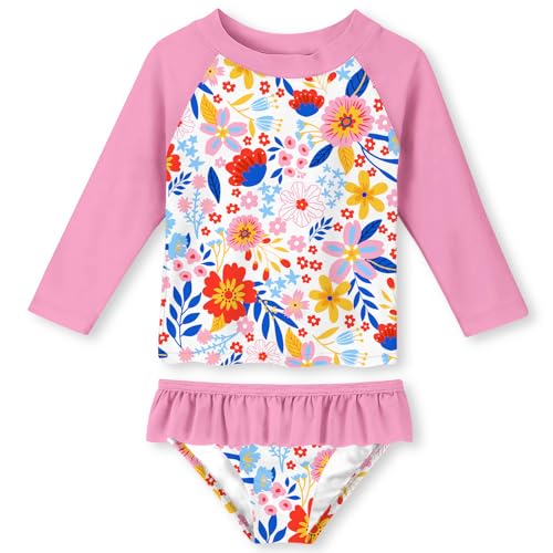 Image of Funnycokid Girls Swimsuit Toddler Bathing Suit Long Sleeve 2 Piece Rash Guard Set for Kids 2-10 Years
