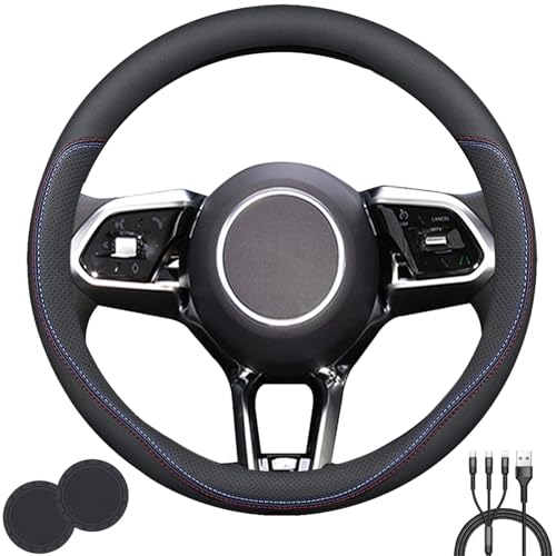 Universal Steering Wheel Cover Stylish Non-Slip Premium Leather Steering Wheel Cover for Steering Wheel with a Diameter of 14.5-15 with 2 Coasters and 3-in-1 USB Charging Cable (Style C)