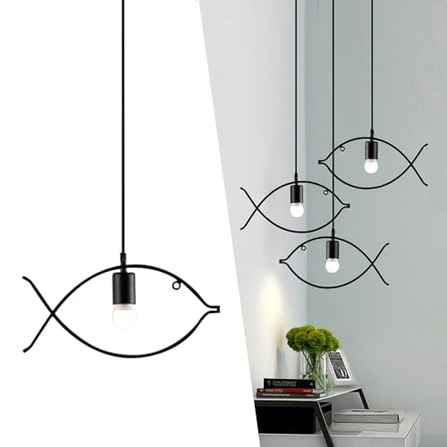 Chao Zan 1 pezzo -Lampada a sospensione a forma di pesce, lampada a sospensione a uno punto luce vintage, lampada a sospensione in stile retrò, Metallo, plastica, E27 Base (Senza Lampadine)