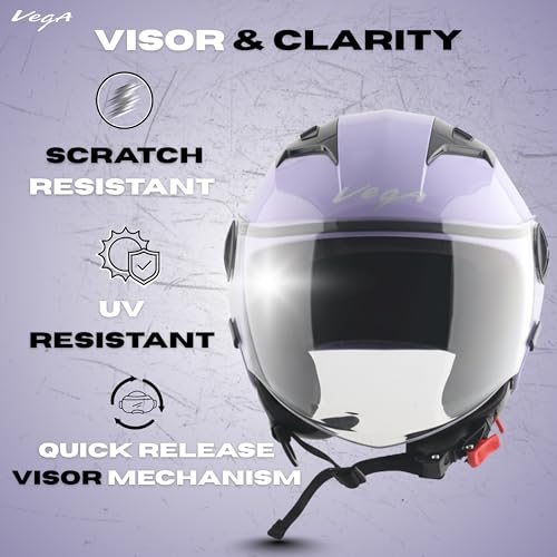Image of Vega VO-05 Clark ISI Certified Open Face Motorcycle Helmet with High-Impact ABS Shell, UV-Resistant Scratch-Resistant Visor, Comfortable Breathable Inner Padding & Secure Fit - Light Purple - L
